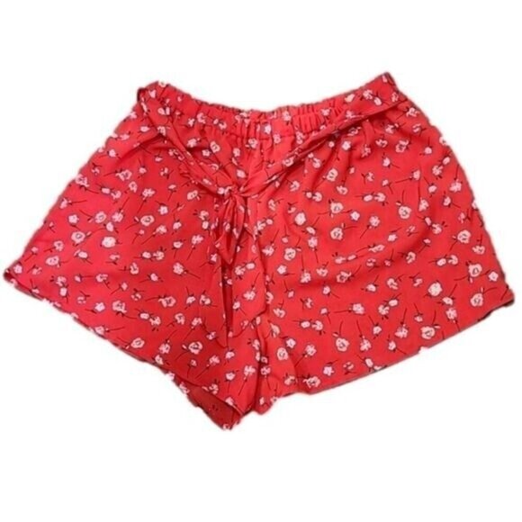 Shein Shorts Red Floral 29" Elastic Waist Attached Belt Women's 12 - Picture 1 of 5
